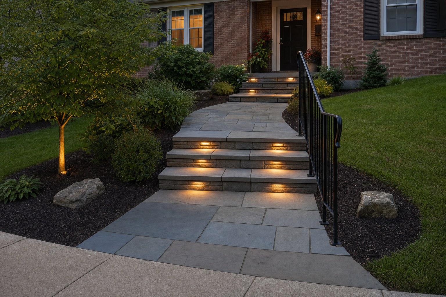 Pennsylvania bluestone walkway and front steps with a black handrail
