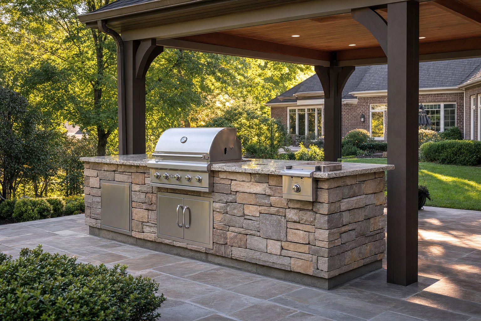 Stone veneer outdoor kitchen island with grill and granite countertop