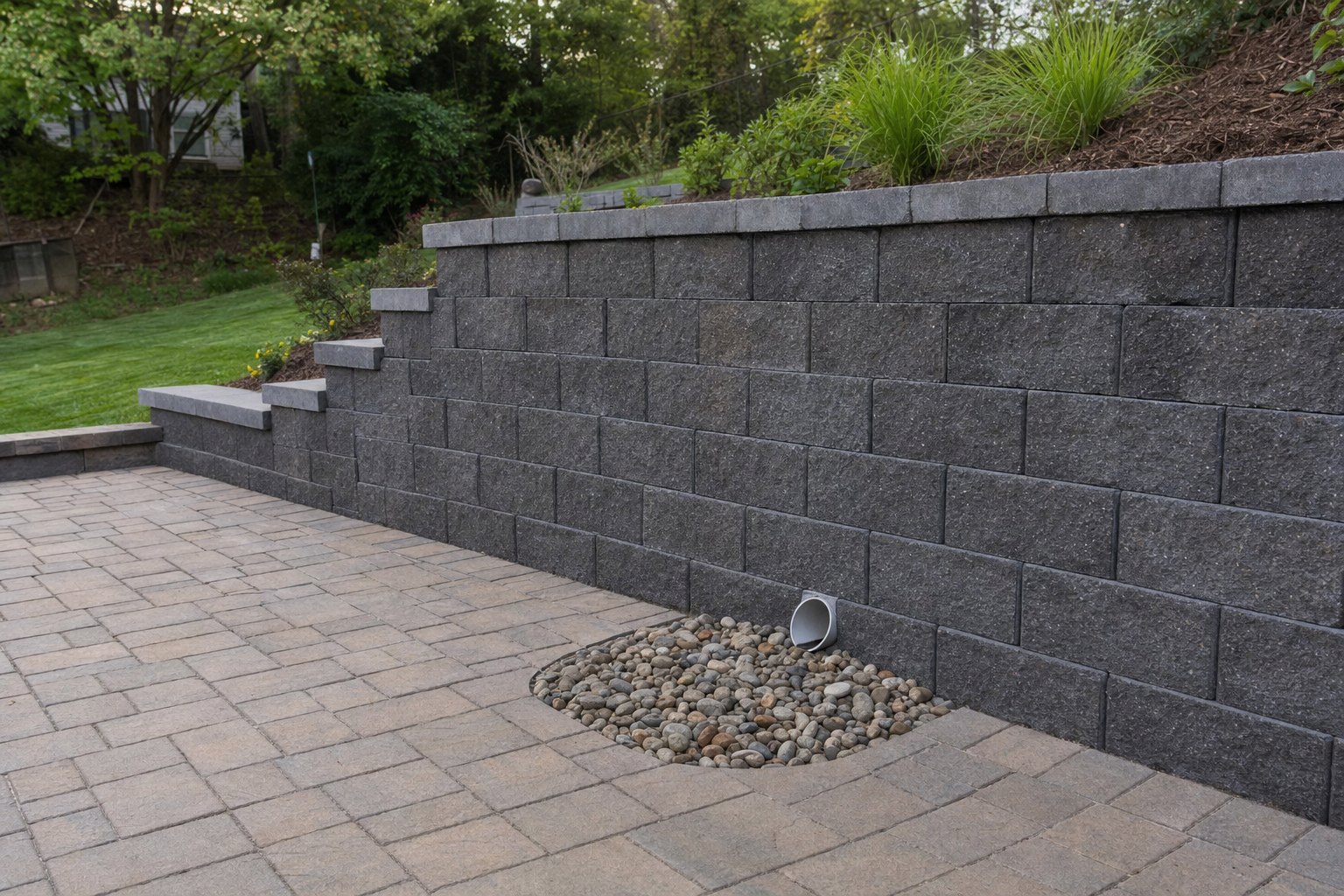 Finished retaining wall with a drain outlet at the bottom