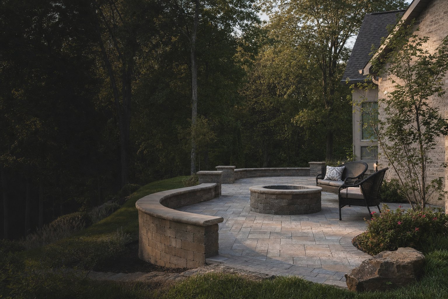 Finished paver patio and fire pit in a South Hills backyard