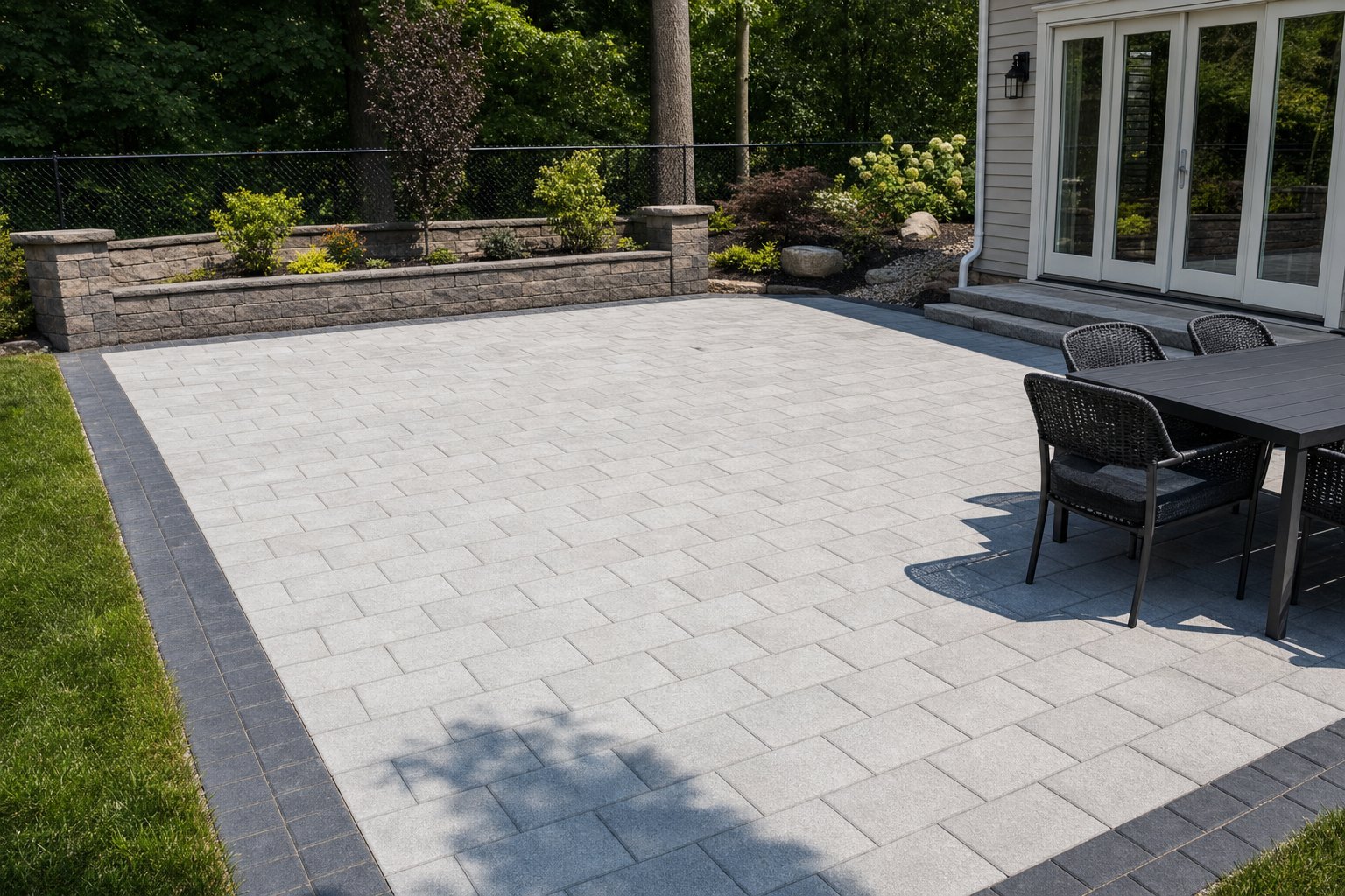 Finished paver patio with a dark soldier-course border