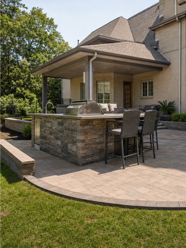 Bridgeville yard after covered outdoor kitchen + new patio