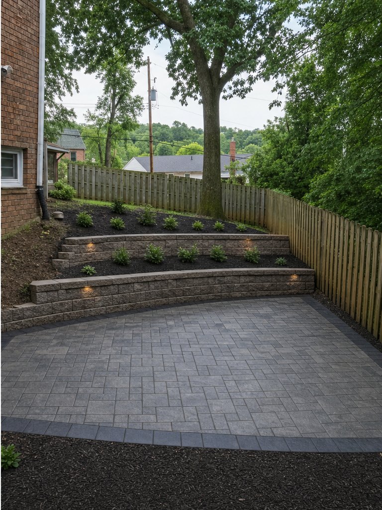 Mt. Lebanon yard after three terraced walls + 16 × 20 paver patio