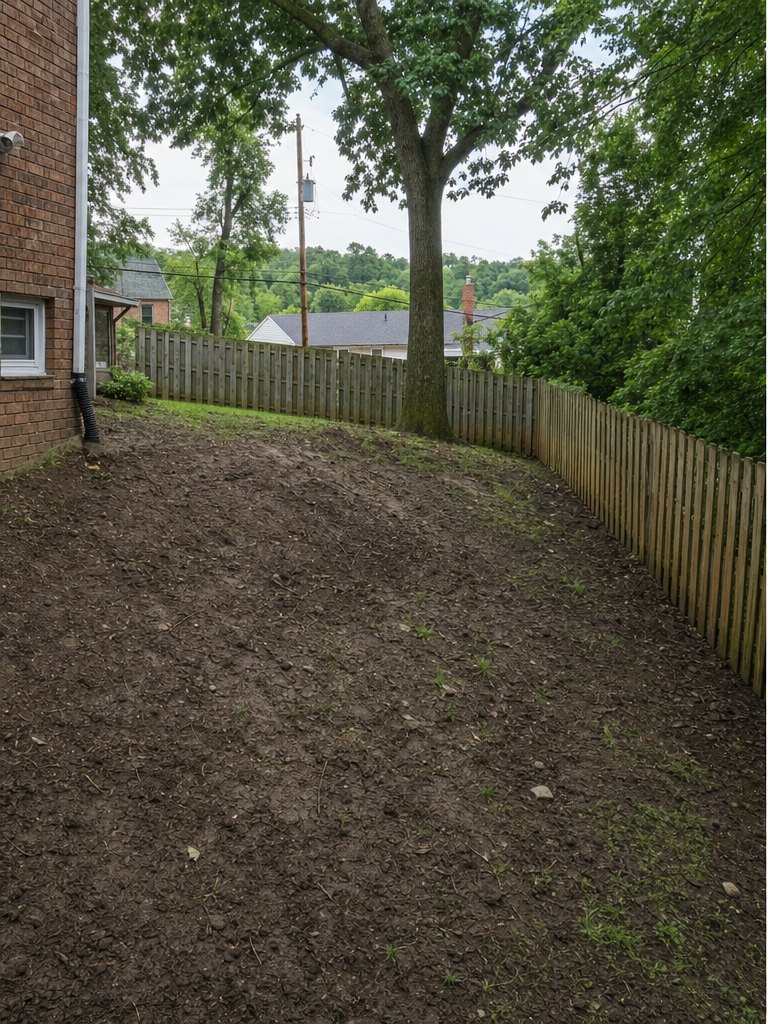 Mt. Lebanon yard before three terraced walls + 16 × 20 paver patio