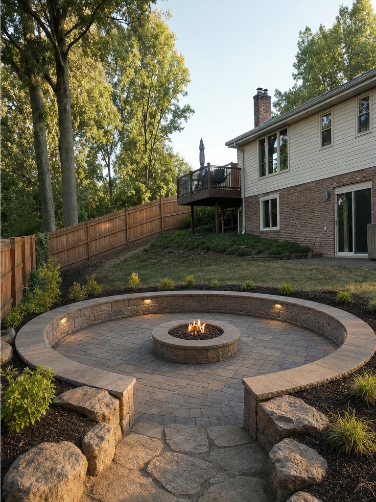 Peters Township yard after sunken fire pit + seating wall
