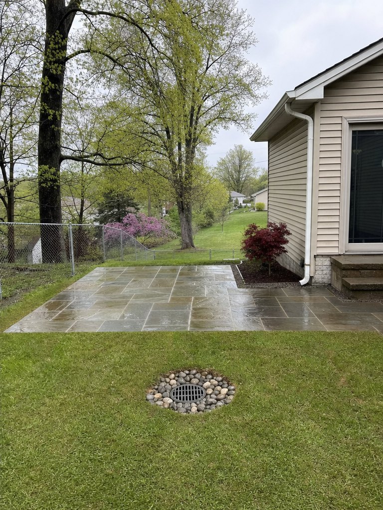Upper St. Clair yard after french drain + bluestone patio