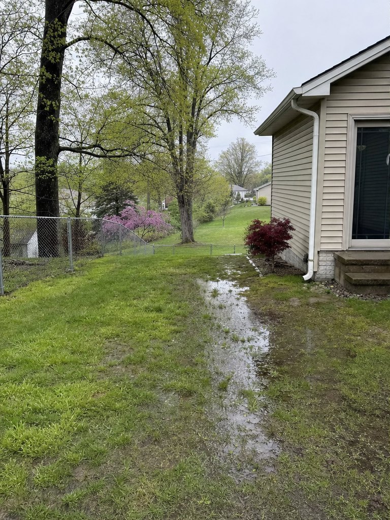 Upper St. Clair yard before french drain + bluestone patio