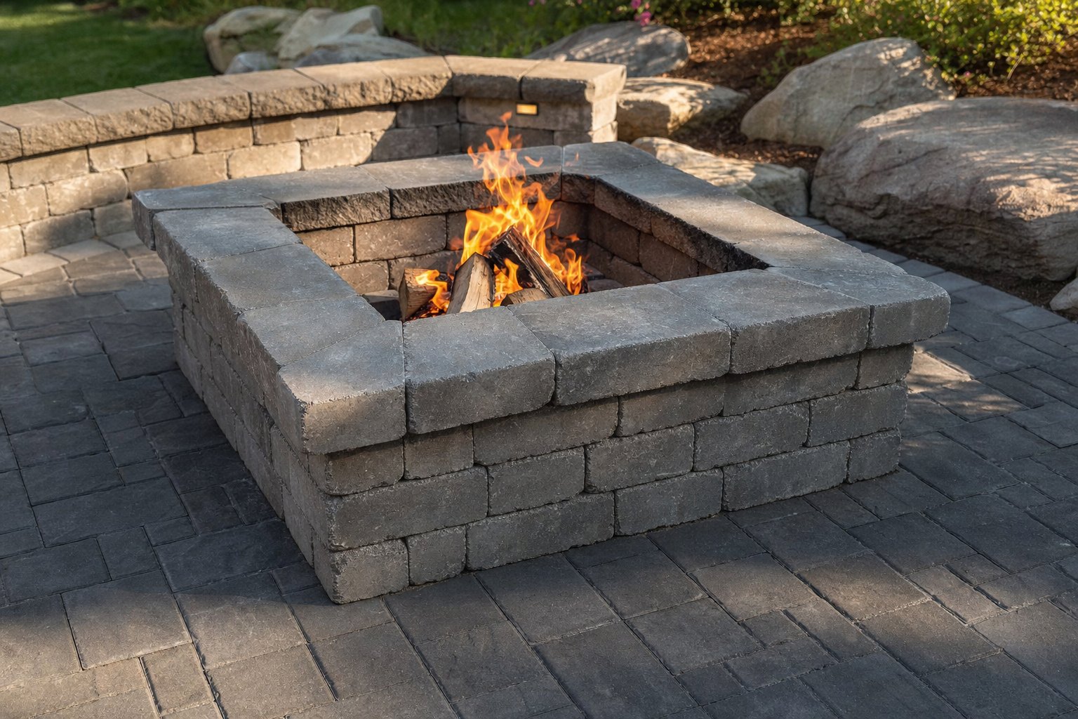 Wood-burning block fire pit on a paver patio