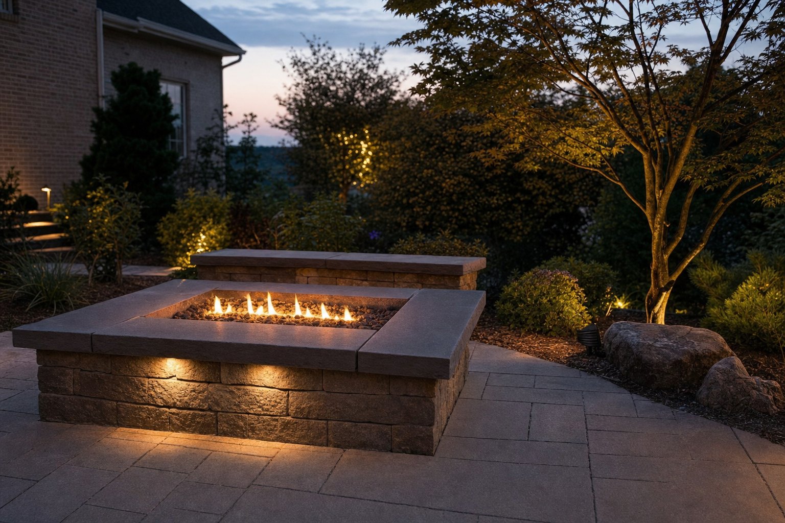Gas fire pit with a flat stone cap at dusk