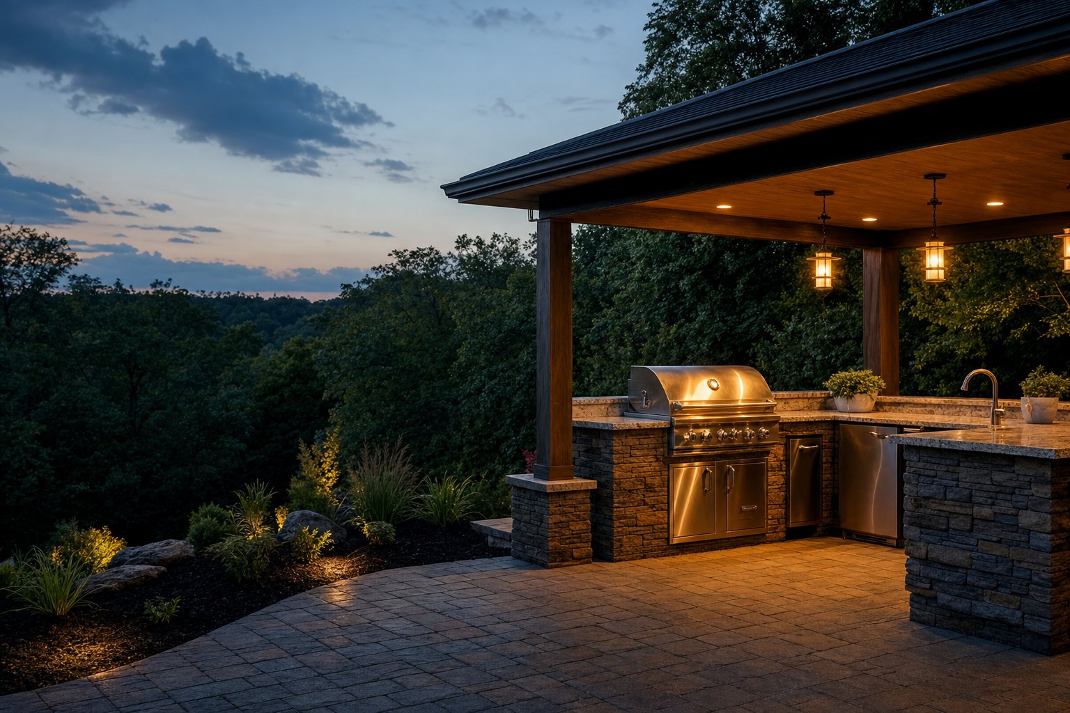 Covered outdoor kitchen on a new paver patio