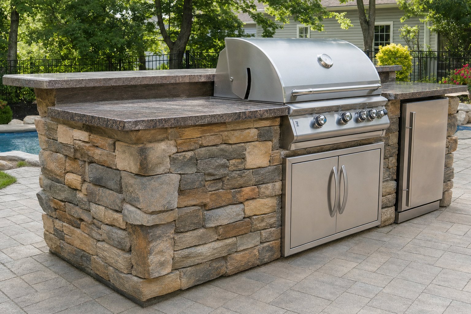 Block island with stone veneer, granite top, and grill cutout