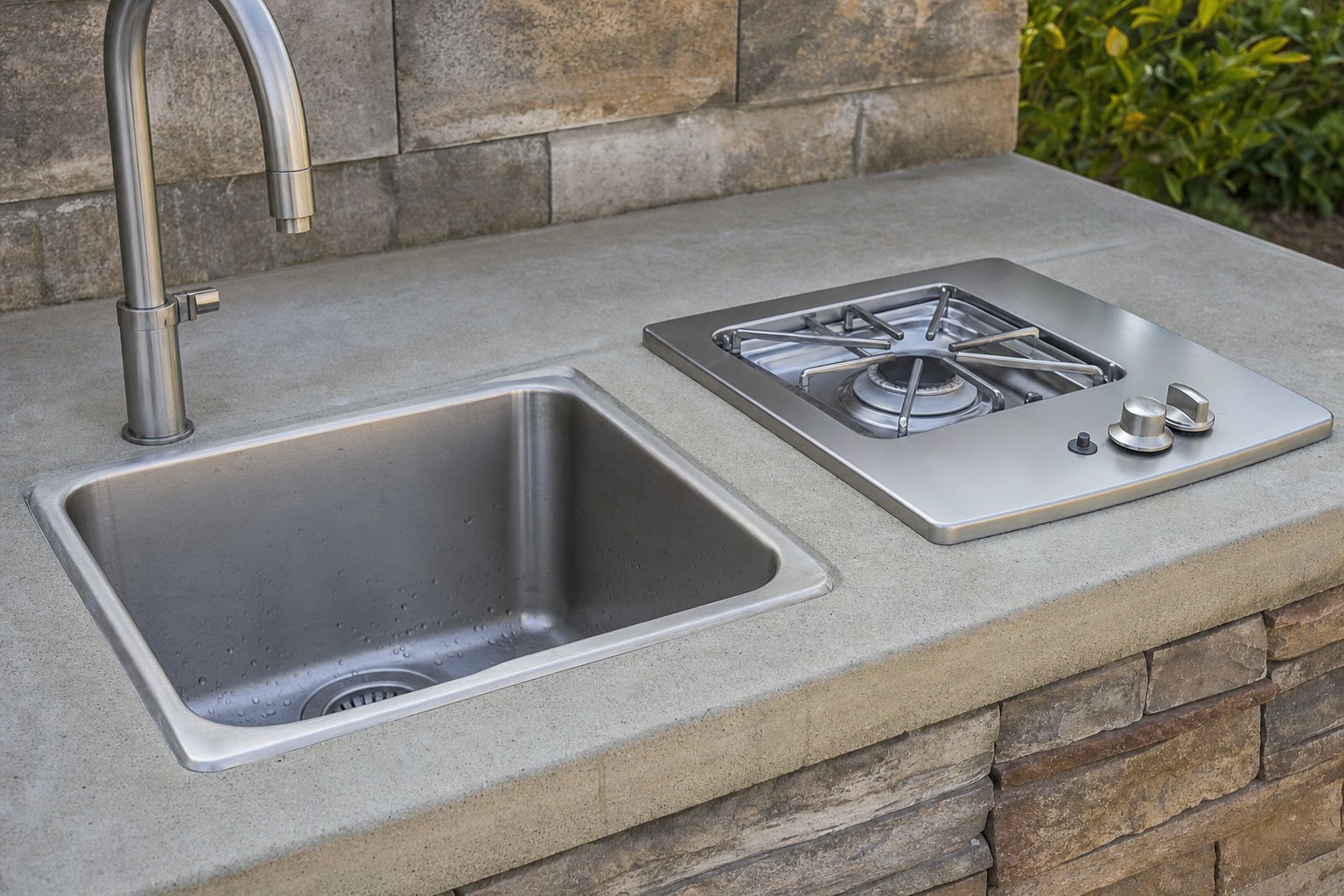 Outdoor sink and side burner set in a concrete countertop