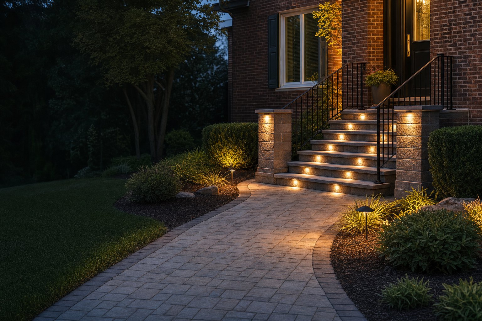 Paver walk and rebuilt steps lit at evening