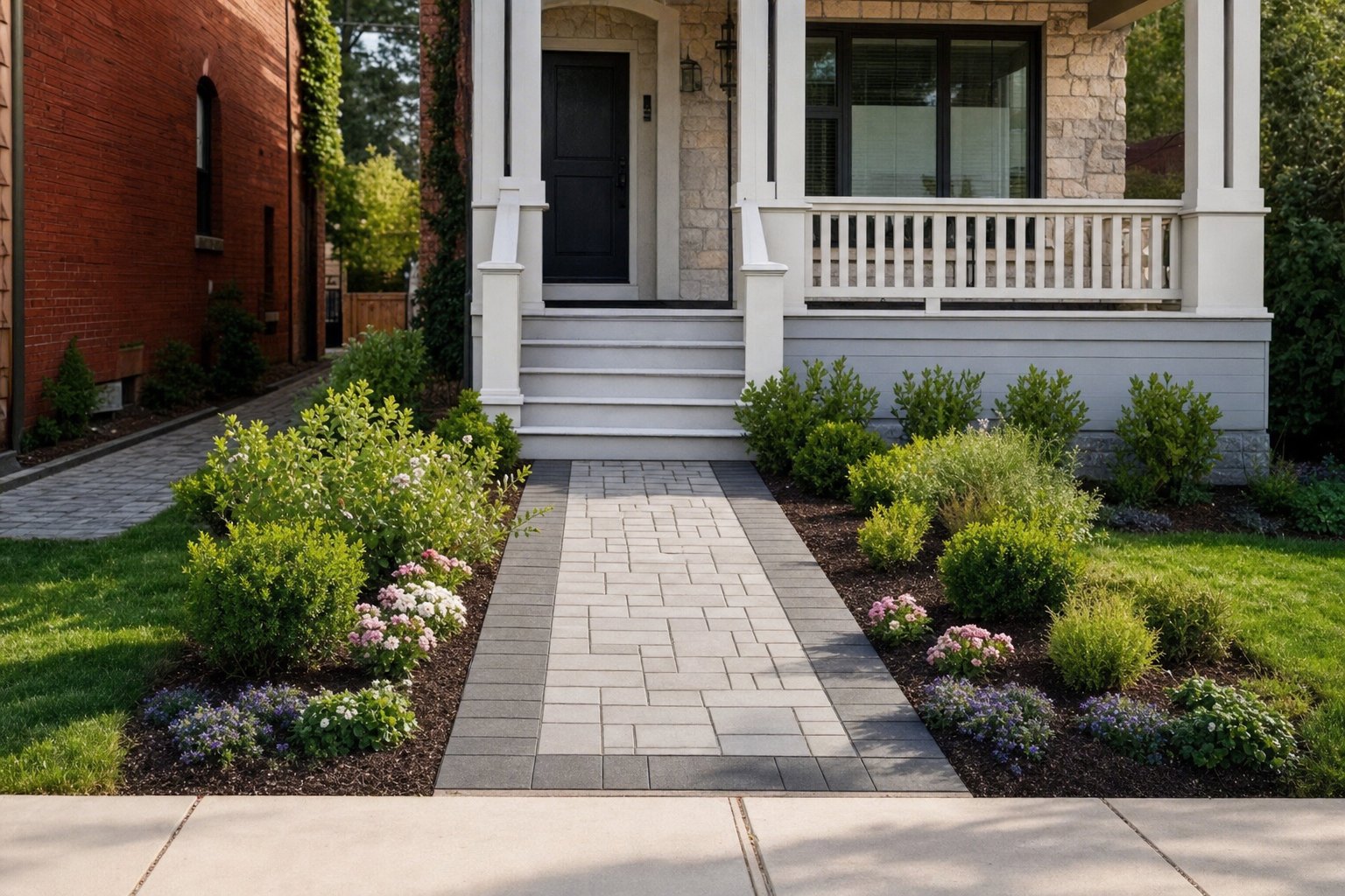 Paver front walk with a soldier course border