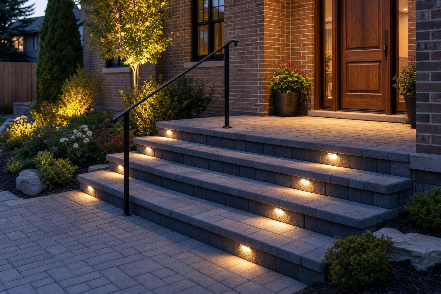 Rebuilt front steps with landing, handrail, and step lights