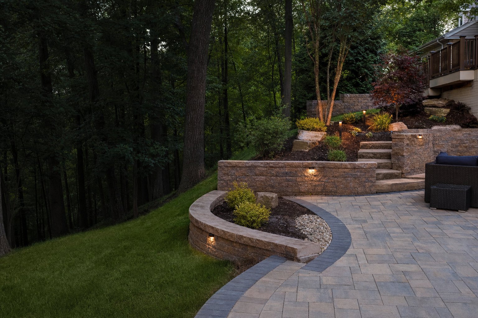 Terraced retaining walls and paver patio on a wooded South Hills slope