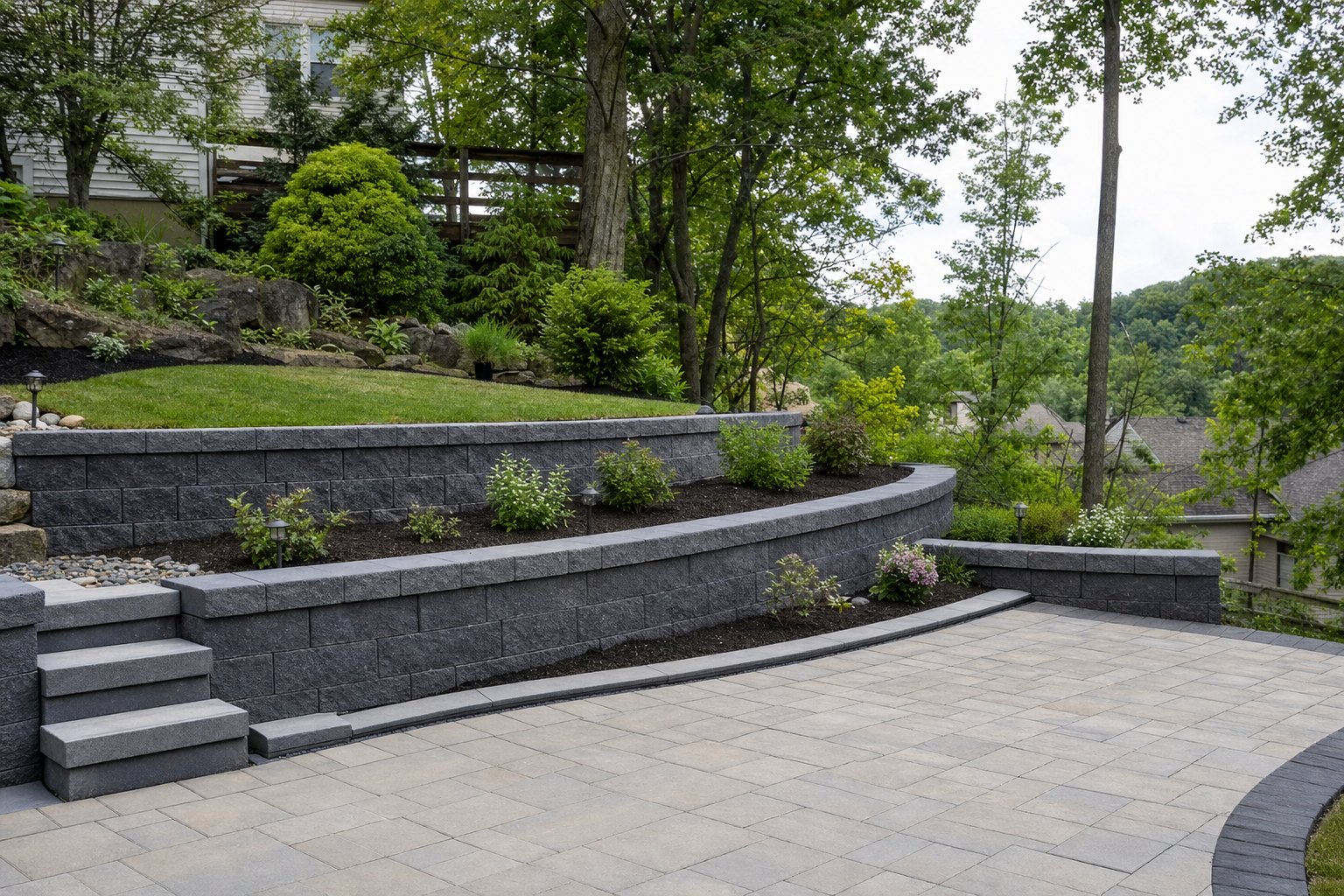 Three shorter block retaining walls stepping down to a flat paver patio